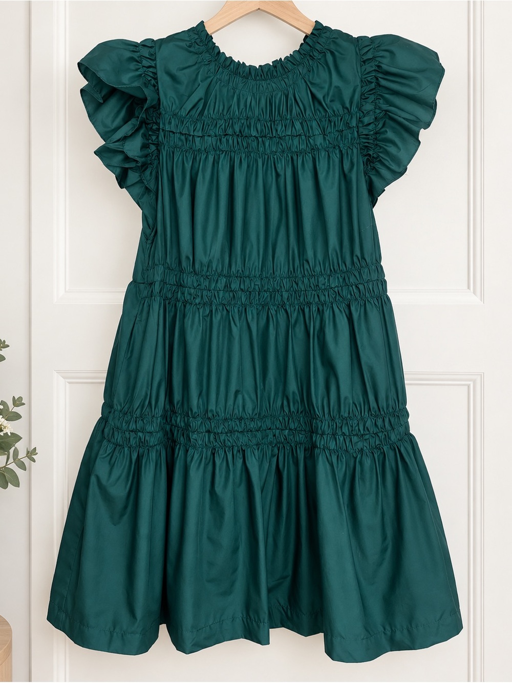 Entro Teal Ruffled Sleeve Smocked Tiered Dress